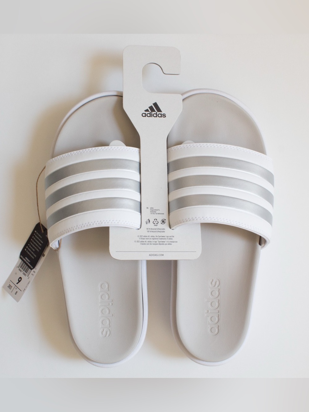 adidas “Adilette” White Slide Platform Sandals with Silver Stripes | Size 9